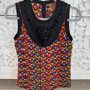 Tory Burch Women's Multi-Color Print Beaded Top Size 2 Sleeveless Zip‎ 100% Silk